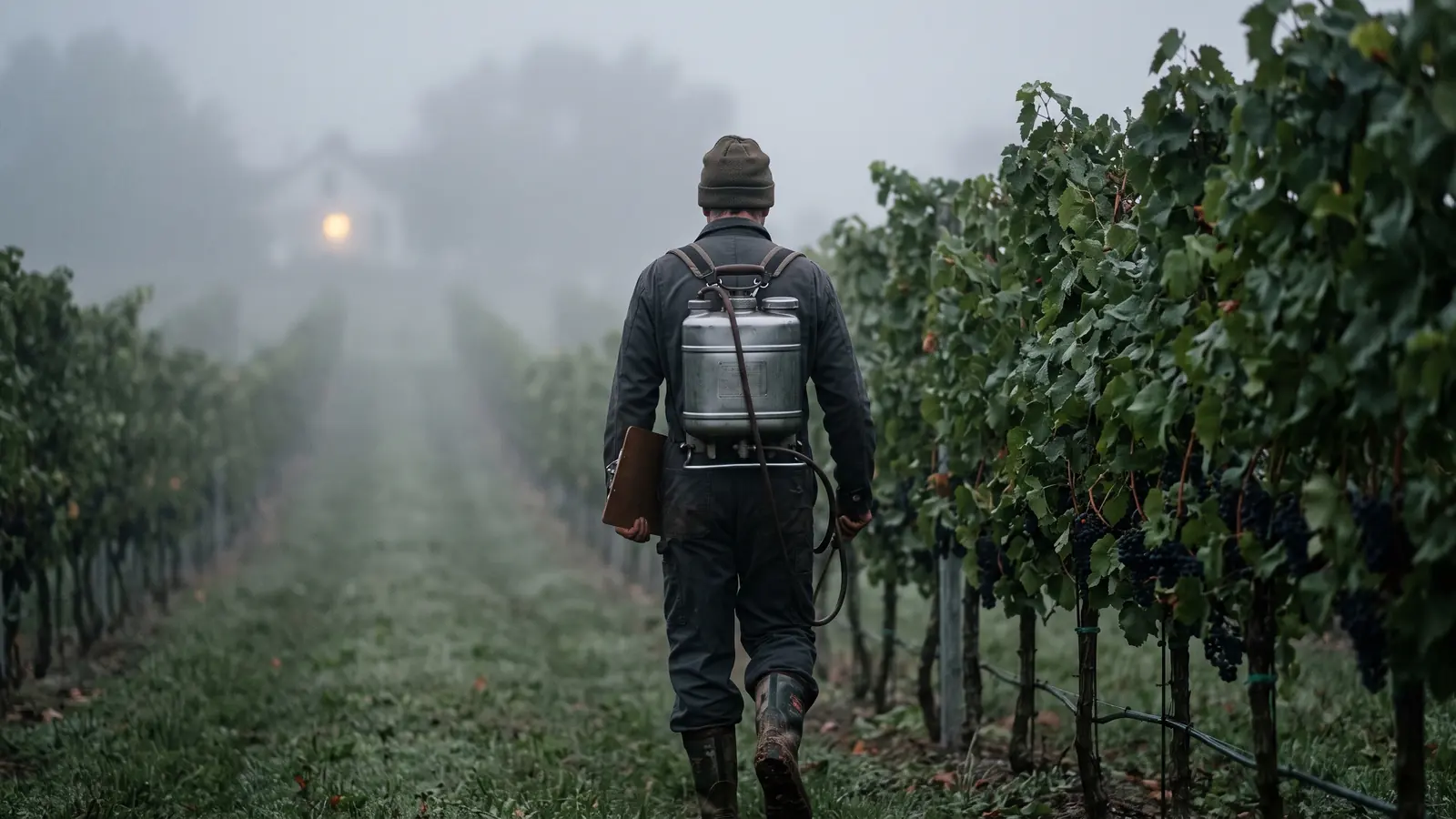 Worker walking a foggy vineyard row at dawn carrying a backpack sprayer